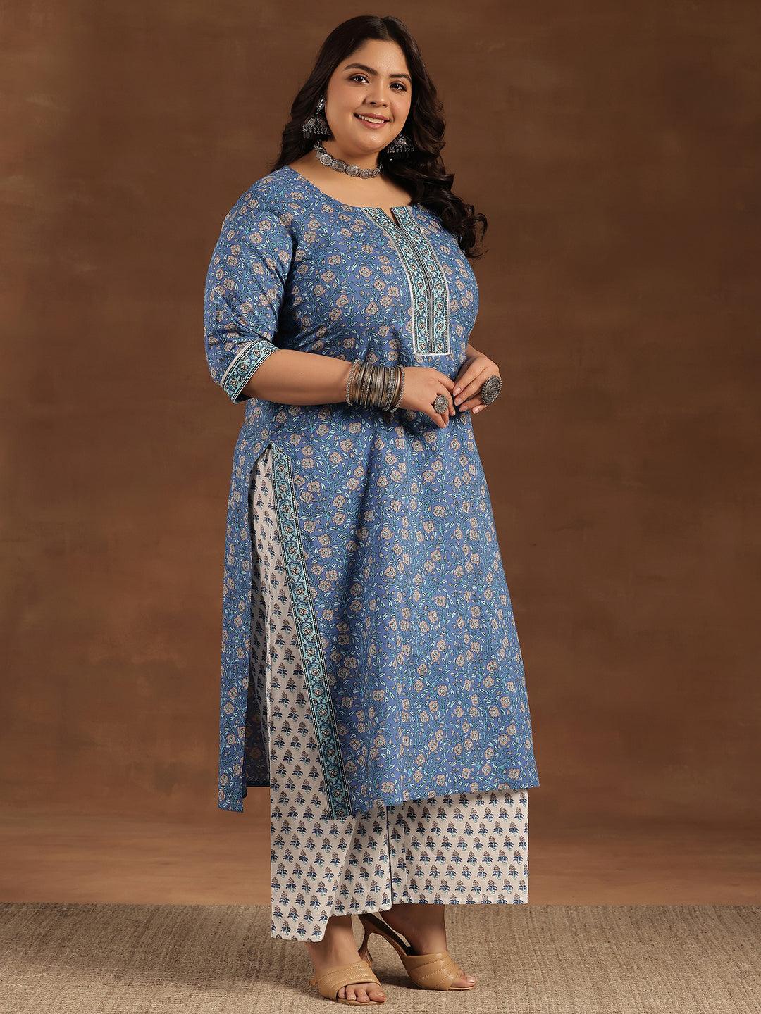 Plus Size Blue Printed Cotton Straight Suit With Dupatta - Libas