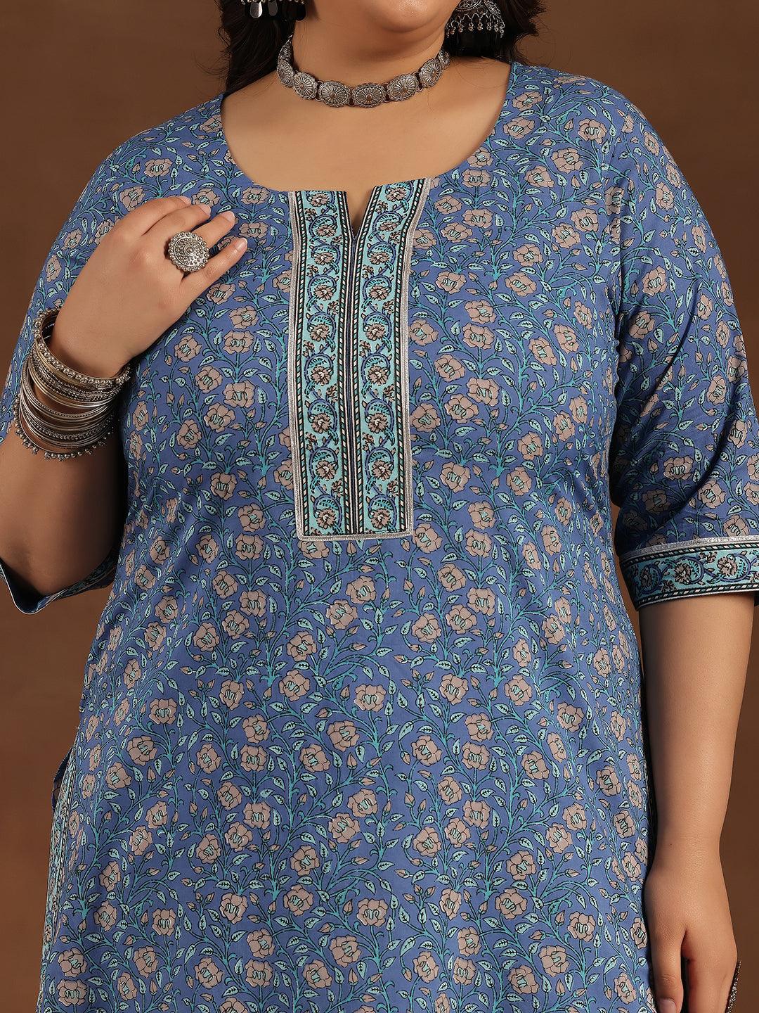 Plus Size Blue Printed Cotton Straight Suit With Dupatta - Libas