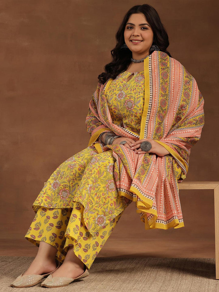 Plus Size Yellow Printed Cotton Straight Suit With Dupatta - Libas