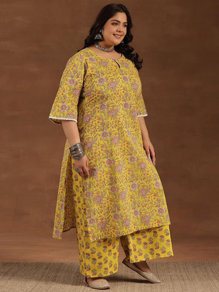 Plus Size Yellow Printed Cotton Straight Suit With Dupatta - Libas