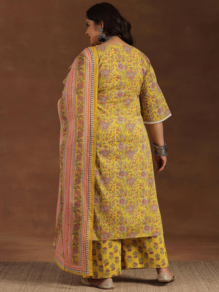 Plus Size Yellow Printed Cotton Straight Suit With Dupatta - Libas