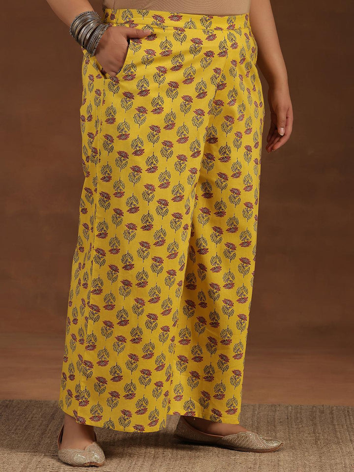 Plus Size Yellow Printed Cotton Straight Suit With Dupatta - Libas