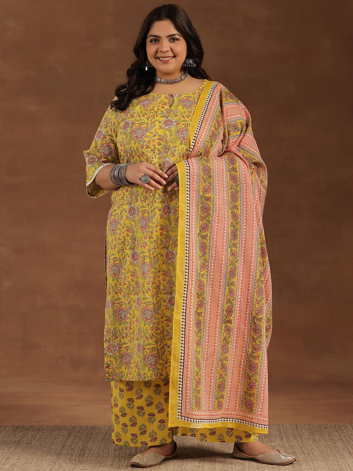 Plus Size Yellow Printed Cotton Straight Suit With Dupatta - Libas