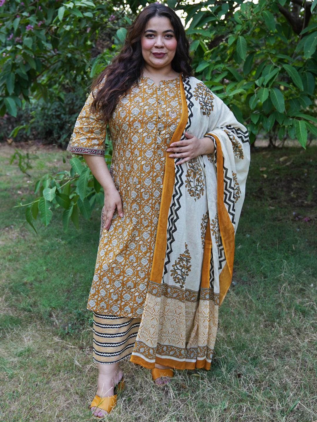 Plus Size Mustard Printed Cotton Straight Suit With Dupatta - Libas