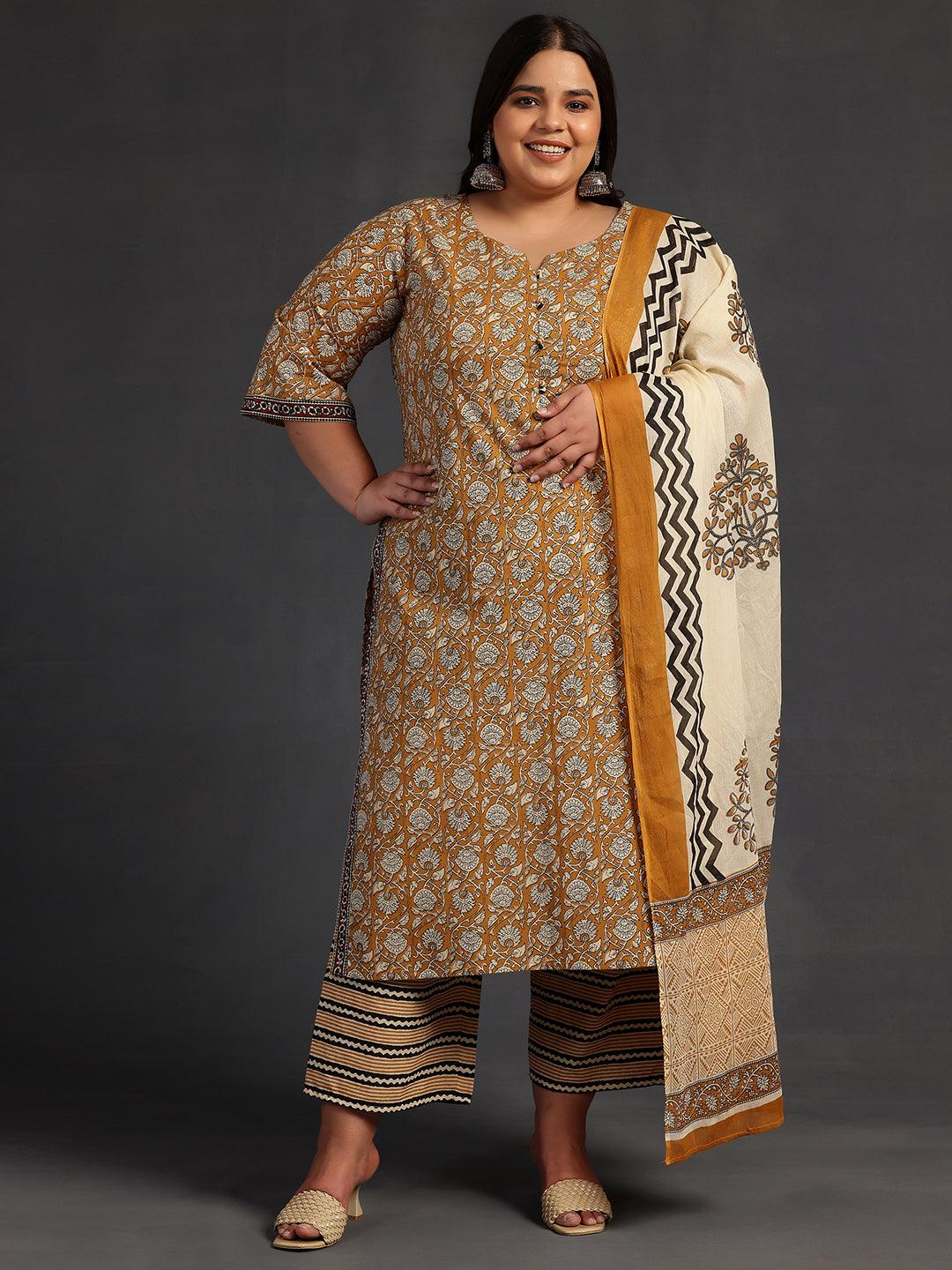 Plus Size Mustard Printed Cotton Straight Suit With Dupatta