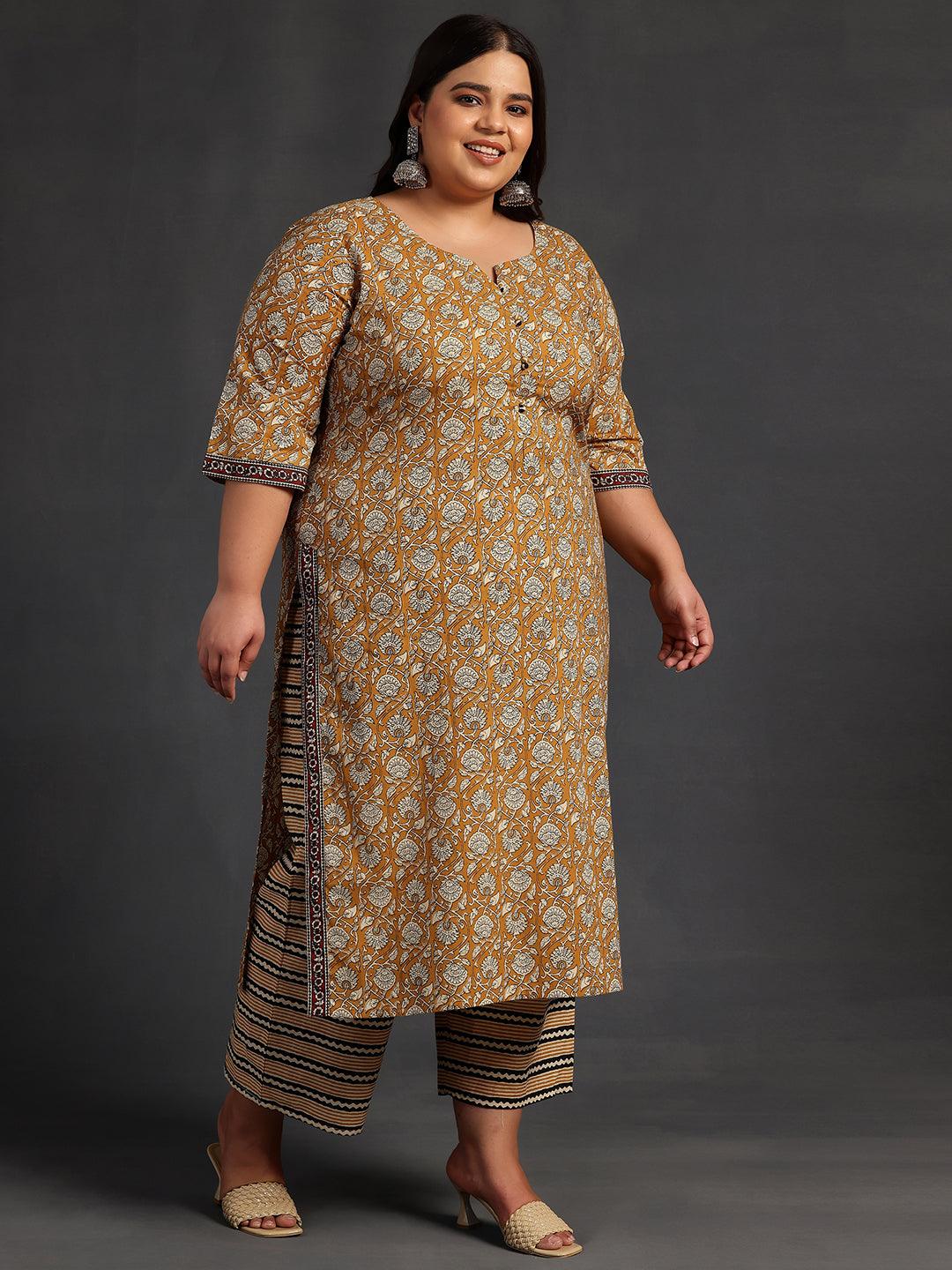 Plus Size Mustard Printed Cotton Straight Suit With Dupatta - Libas 