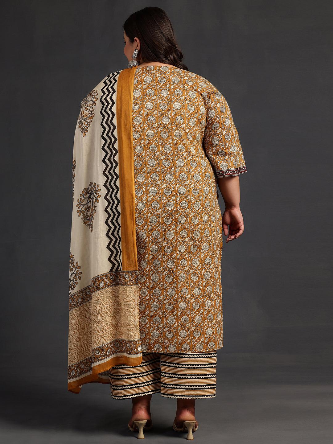 Plus Size Mustard Printed Cotton Straight Suit With Dupatta - Libas 