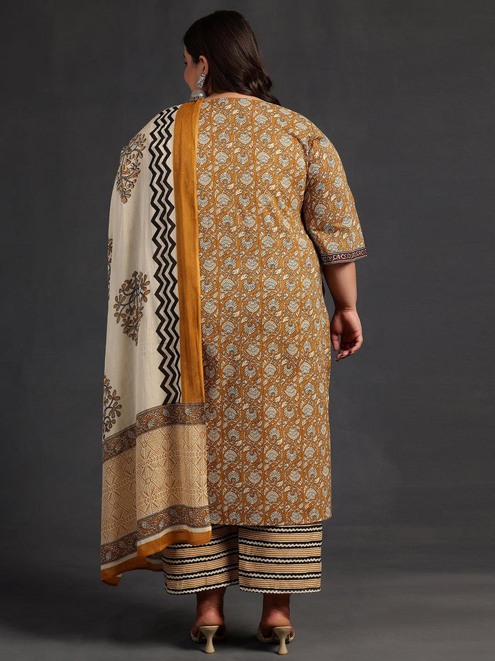 Plus Size Mustard Printed Cotton Straight Suit With Dupatta - Libas