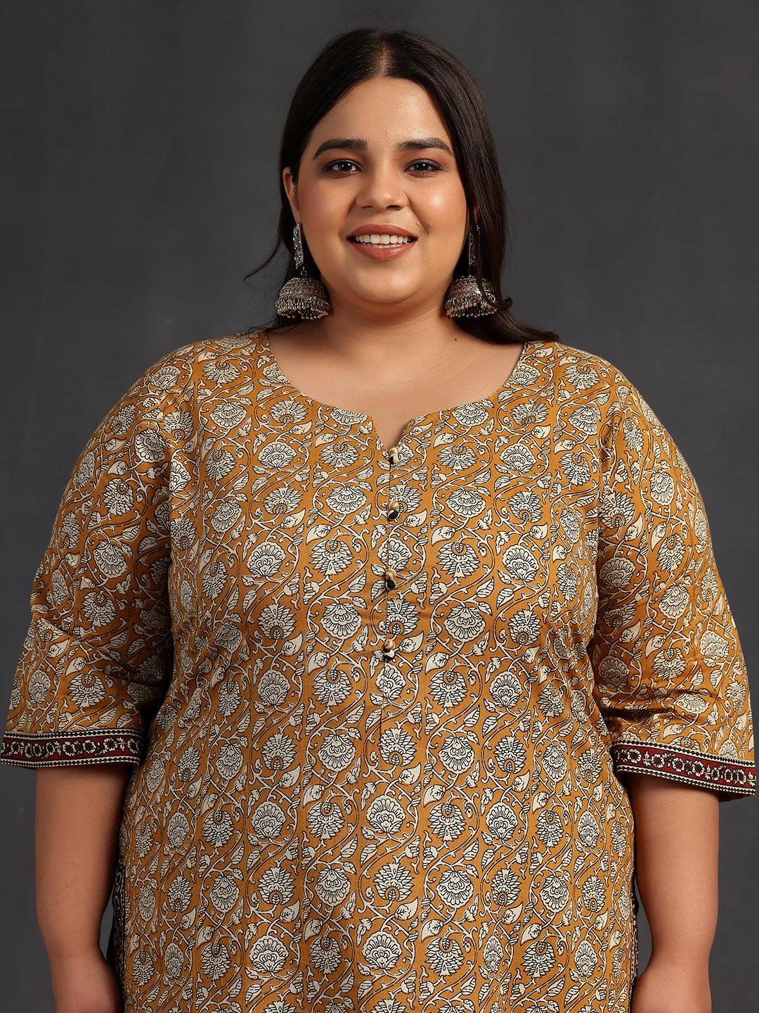 Plus Size Mustard Printed Cotton Straight Suit With Dupatta - Libas