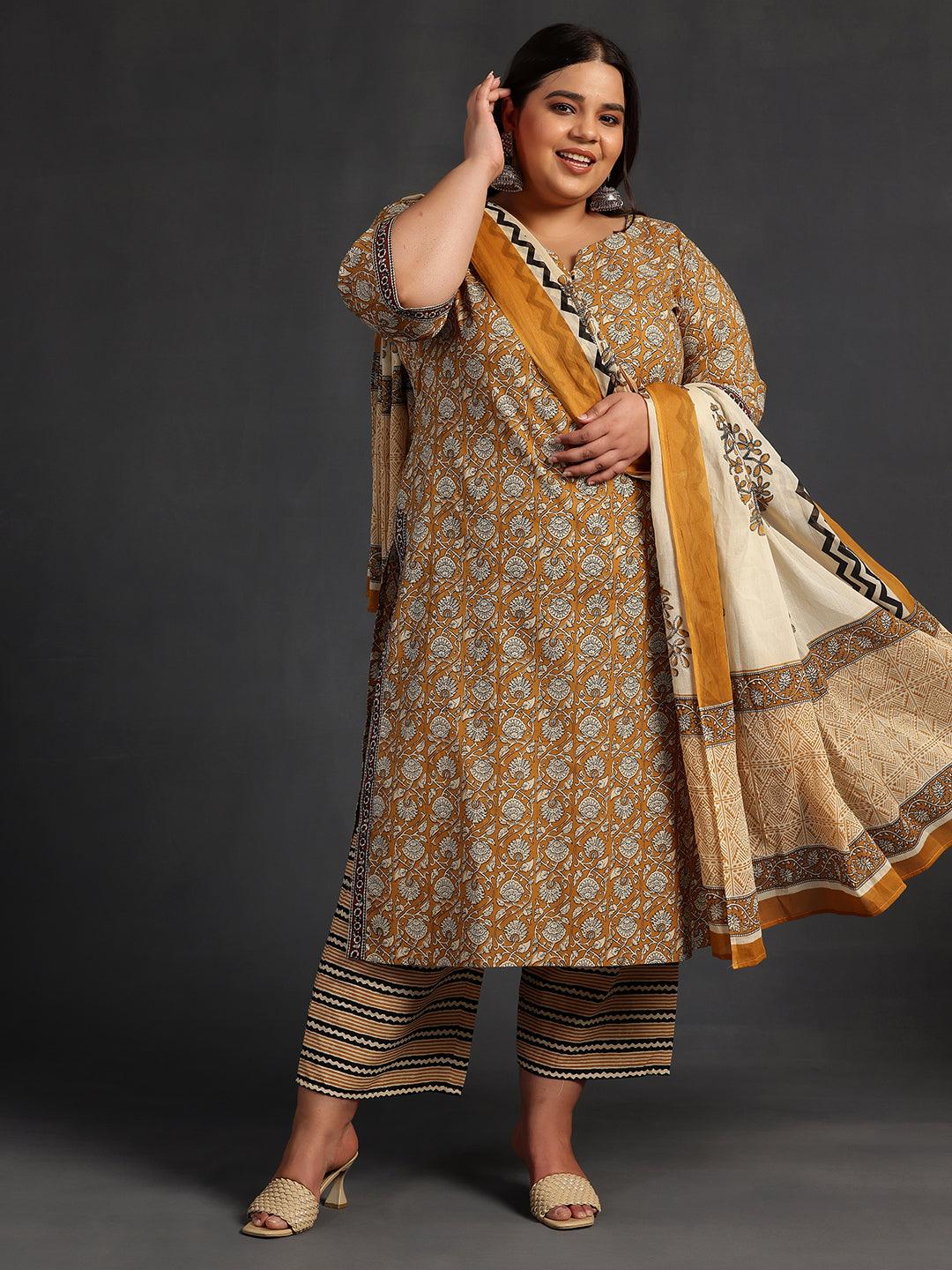 Plus Size Mustard Printed Cotton Straight Suit With Dupatta