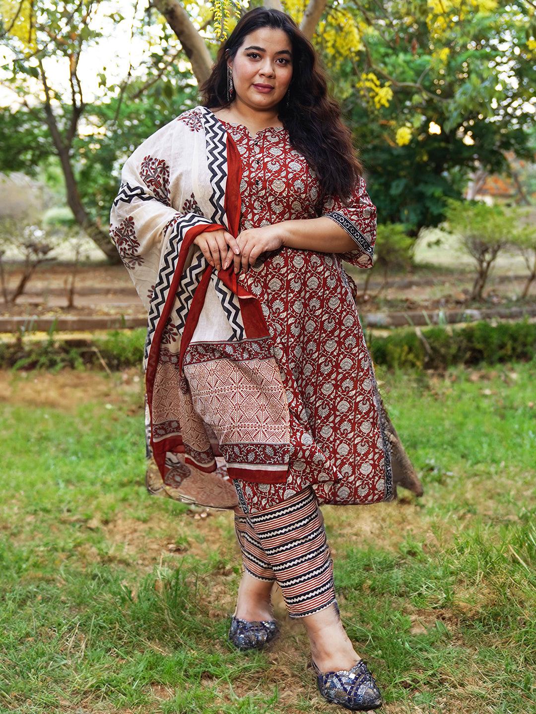 Plus Size Maroon Printed Cotton Straight Suit With Dupatta - Libas