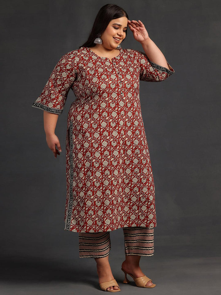 Plus Size Maroon Printed Cotton Straight Suit With Dupatta - Libas