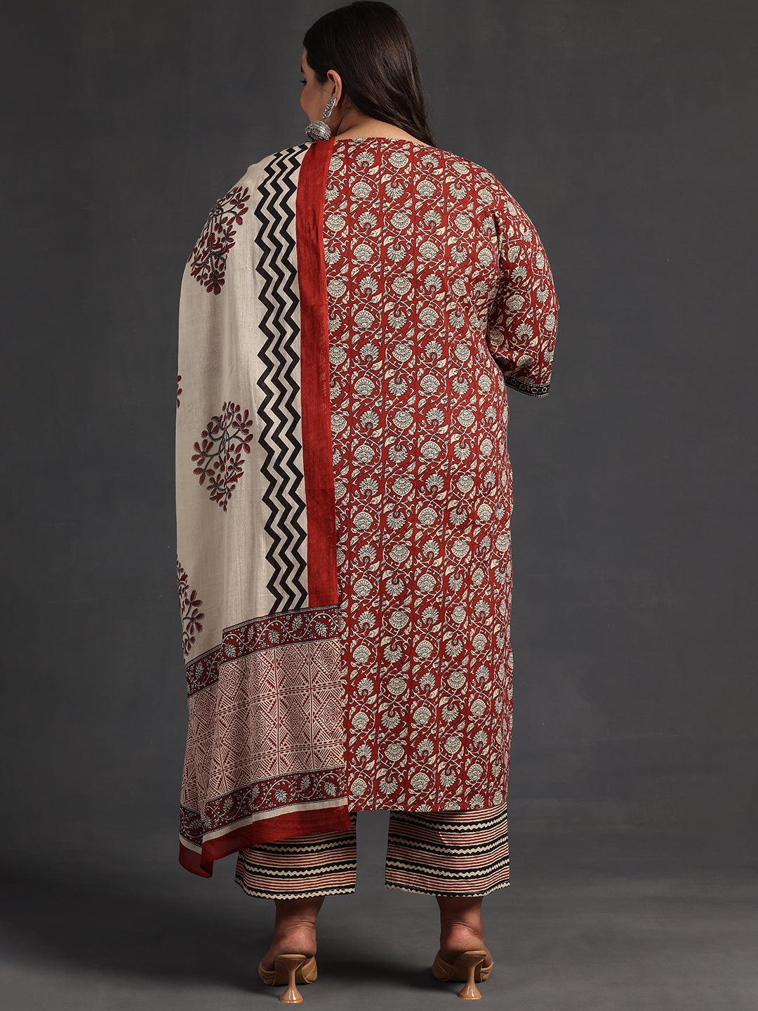 Plus Size Maroon Printed Cotton Straight Suit With Dupatta - Libas