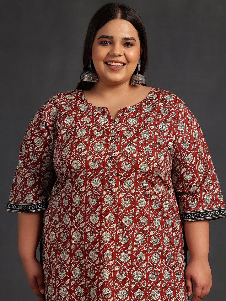 Plus Size Maroon Printed Cotton Straight Suit With Dupatta - Libas