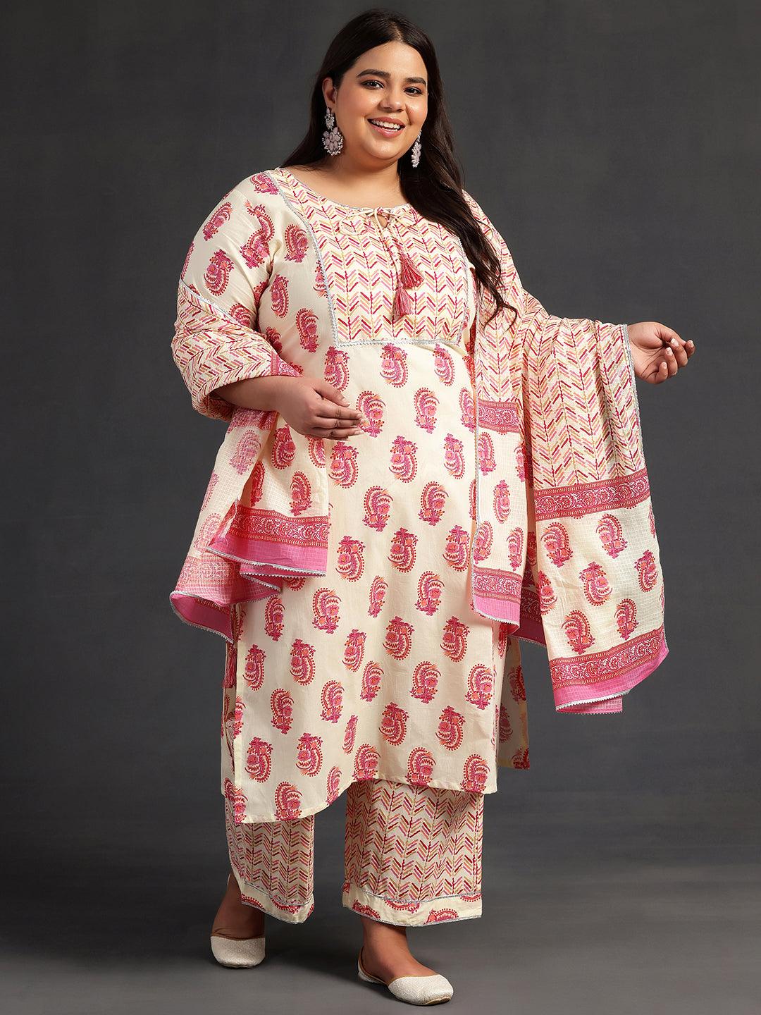 Plus Size Cream Printed Cotton Straight Suit With Dupatta - Libas