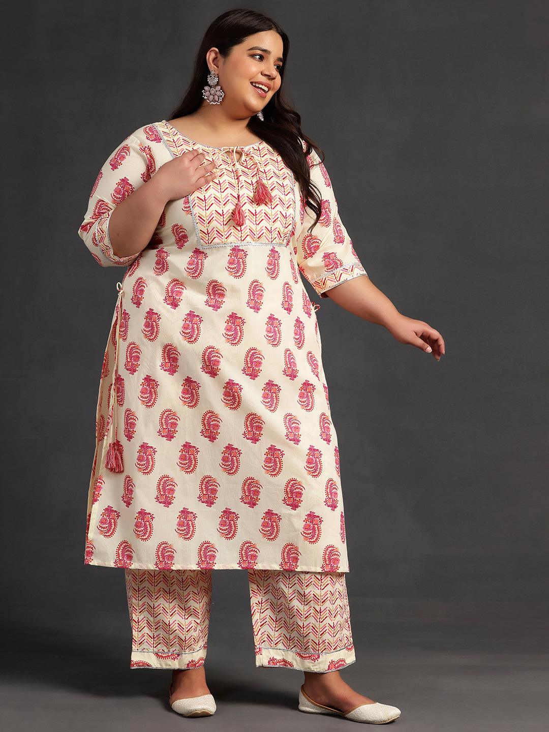 Plus Size Cream Printed Cotton Straight Suit With Dupatta - Libas 