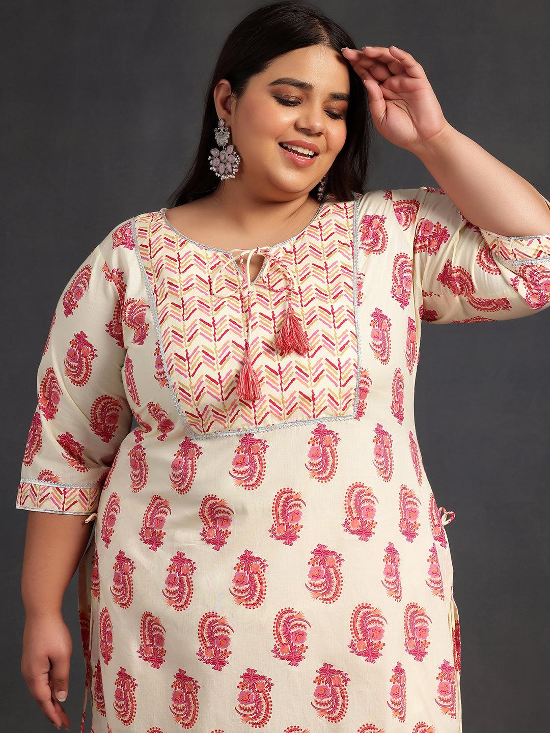 Plus Size Cream Printed Cotton Straight Suit With Dupatta - Libas 