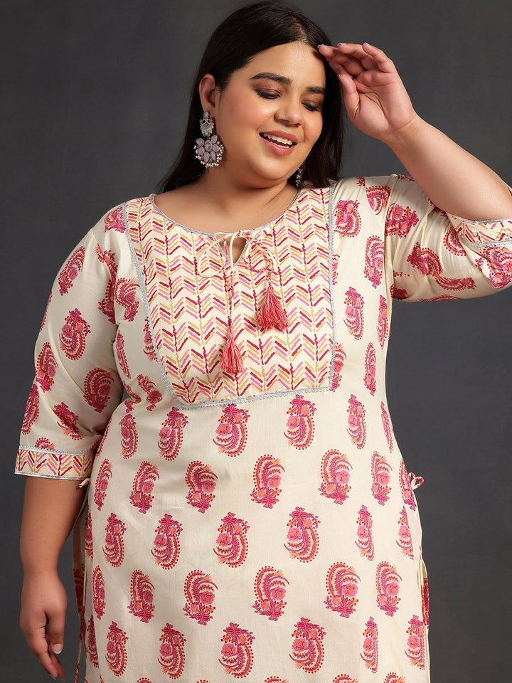 Plus Size Cream Printed Cotton Straight Suit With Dupatta - Libas