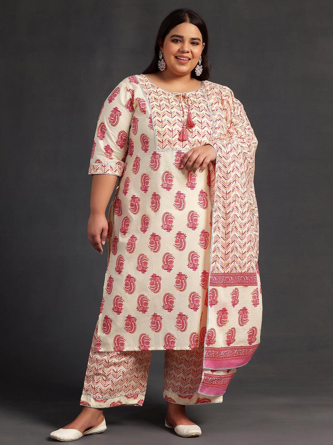 Plus Size Cream Printed Cotton Straight Suit With Dupatta - Libas