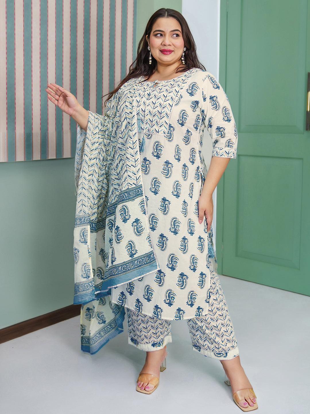 Plus Size Cream Printed Cotton Straight Suit With Dupatta - Libas