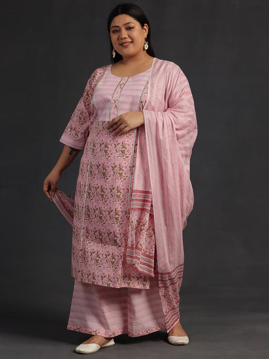 Plus Size Pink Yoke Design Cotton Straight Suit With Dupatta - Libas 