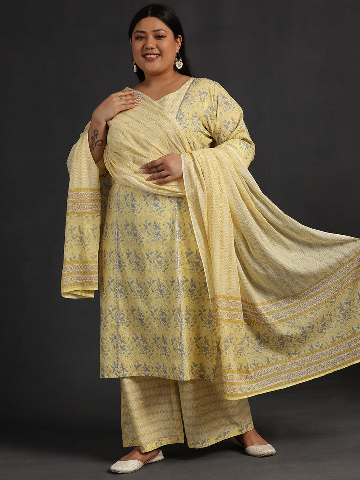 Plus Size Yellow Printed Cotton Straight Suit With Dupatta - Libas