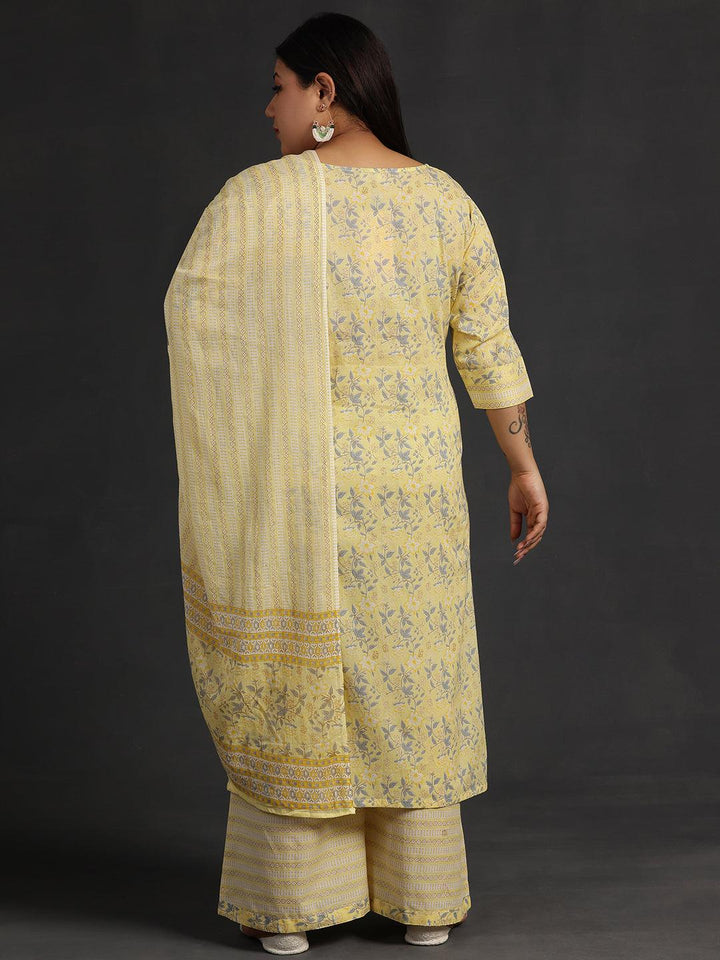 Plus Size Yellow Printed Cotton Straight Suit With Dupatta - Libas