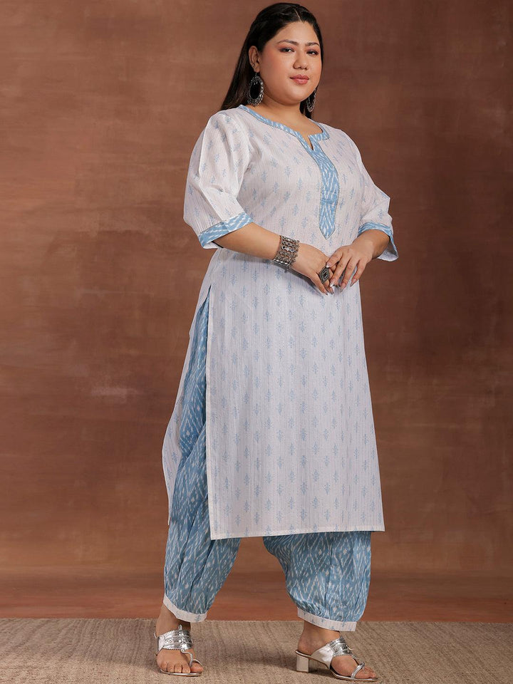 Plus Size White Printed Cotton Straight Suit With Dupatta - Libas