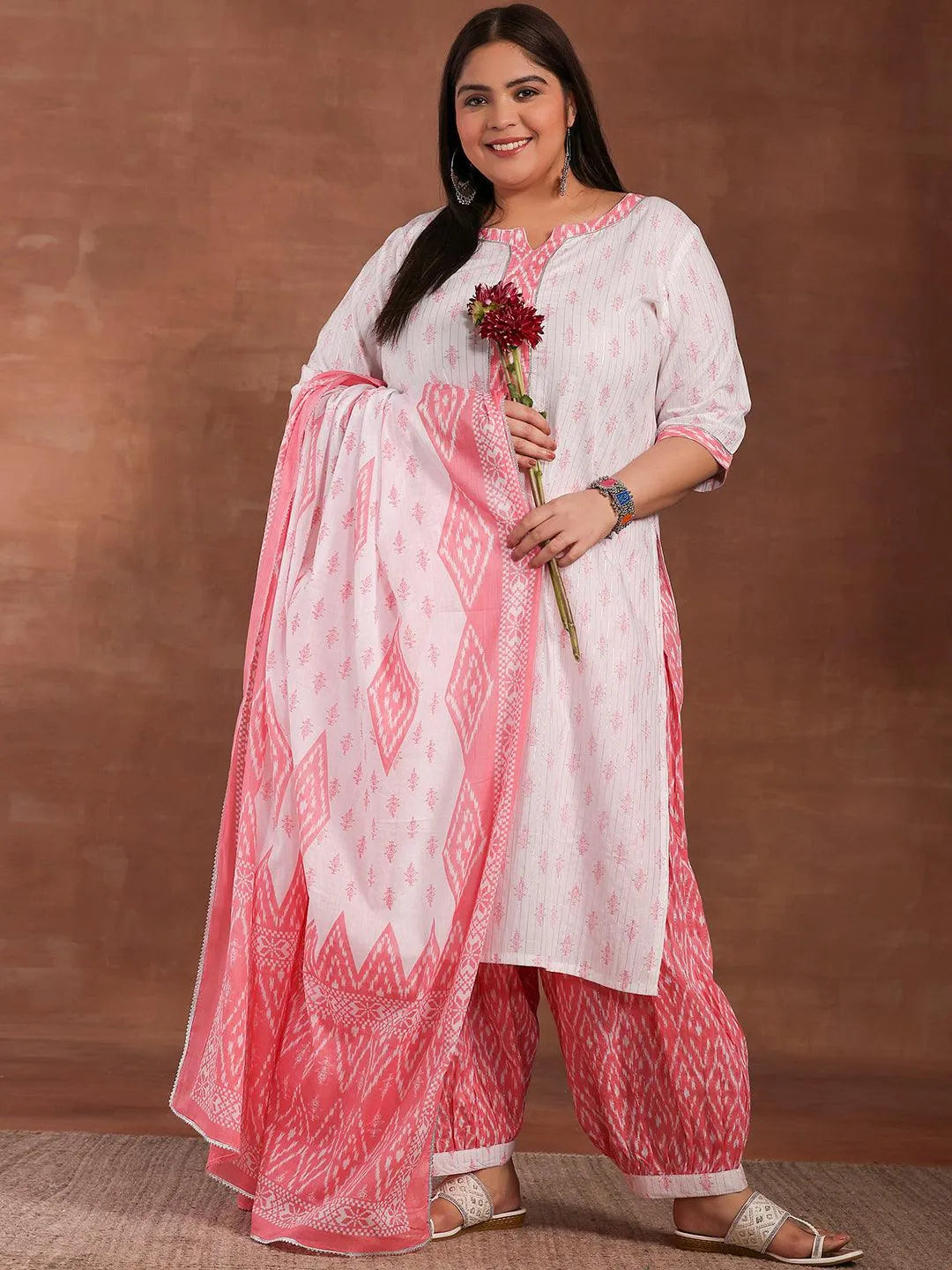 Buy Plus Size White Printed Cotton Straight Suit With Dupatta Online at ...