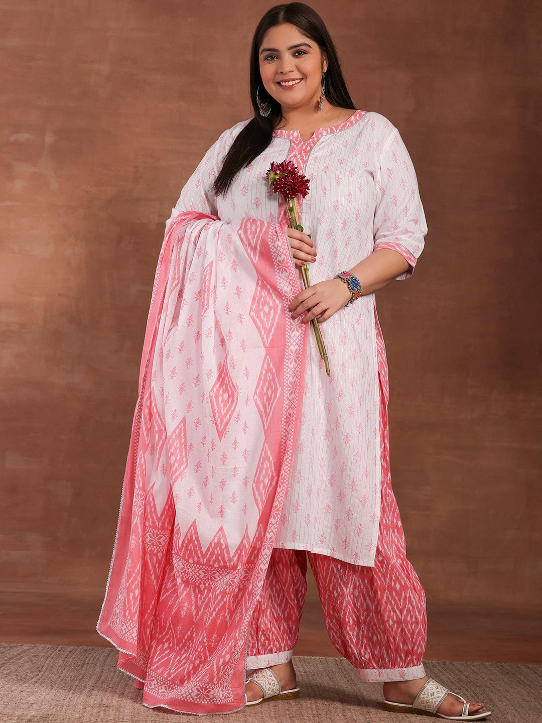 Plus Size White Printed Cotton Straight Suit With Dupatta - Libas