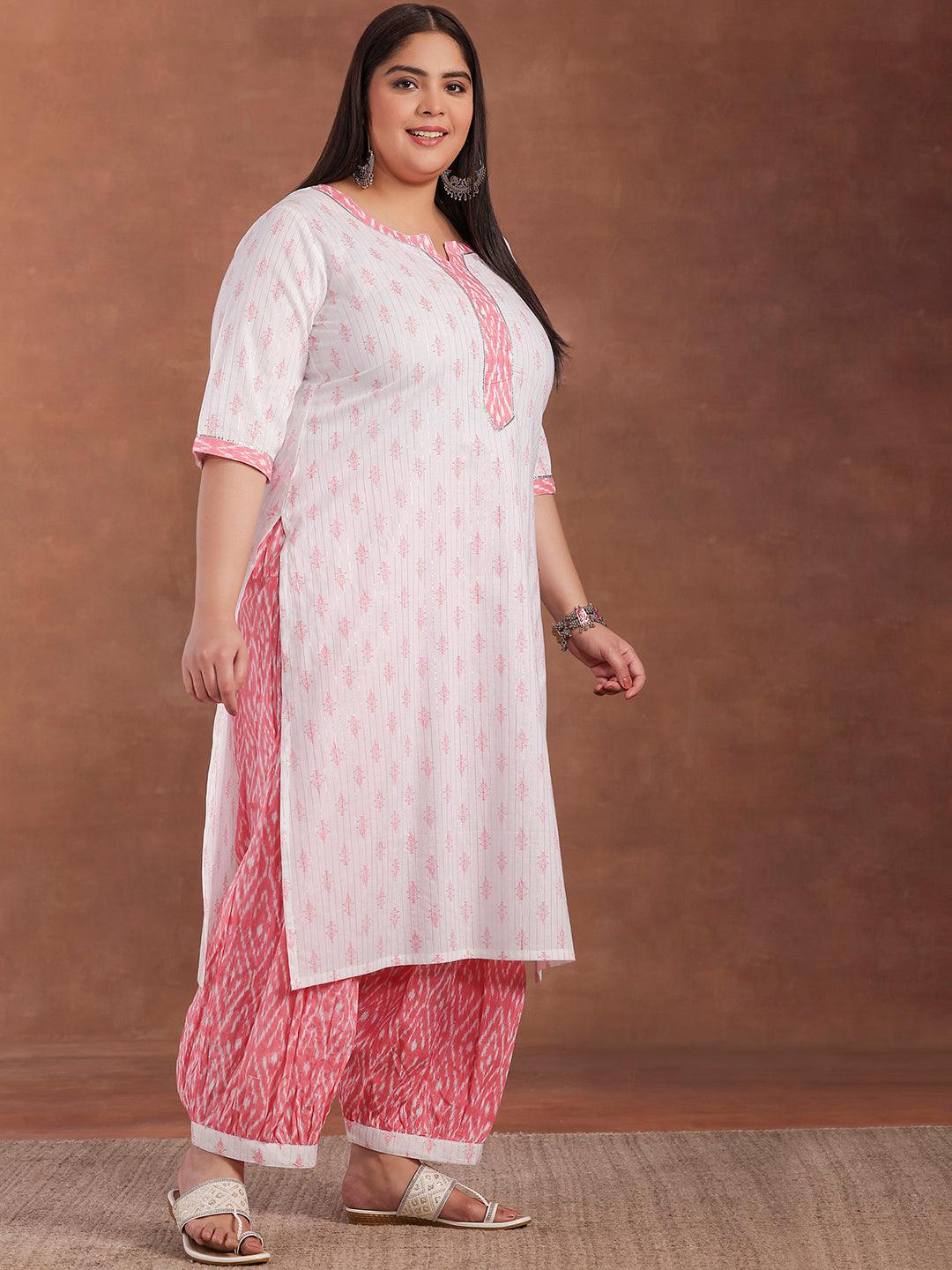 Plus Size White Printed Cotton Straight Suit With Dupatta - Libas