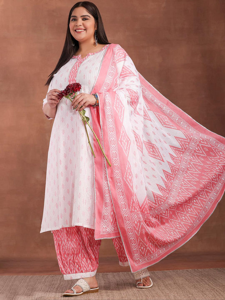 Plus Size White Printed Cotton Straight Suit With Dupatta - Libas