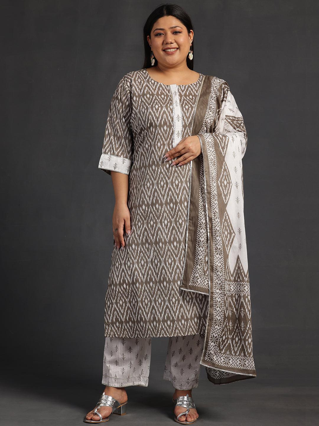 Plus Size Grey Printed Cotton Straight Suit With Dupatta - Libas 