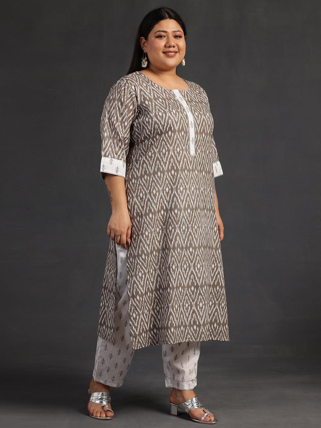 Plus Size Grey Printed Cotton Straight Suit With Dupatta - Libas 