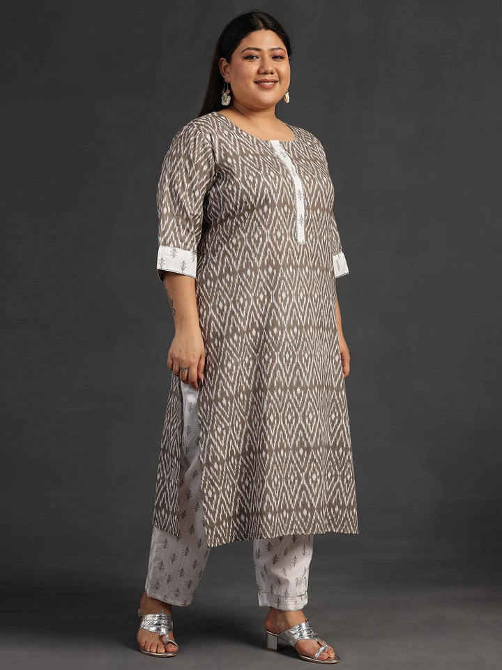 Plus Size Grey Printed Cotton Straight Suit With Dupatta - Libas