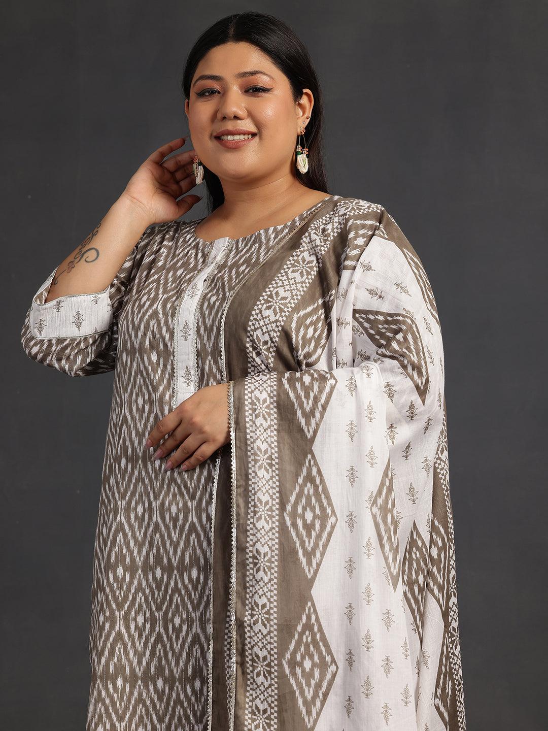 Plus Size Grey Printed Cotton Straight Suit With Dupatta - Libas 