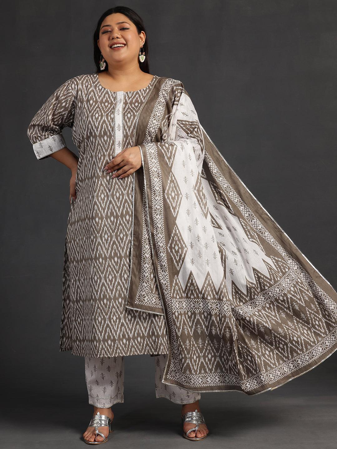 Plus Size Grey Printed Cotton Straight Suit With Dupatta - Libas 