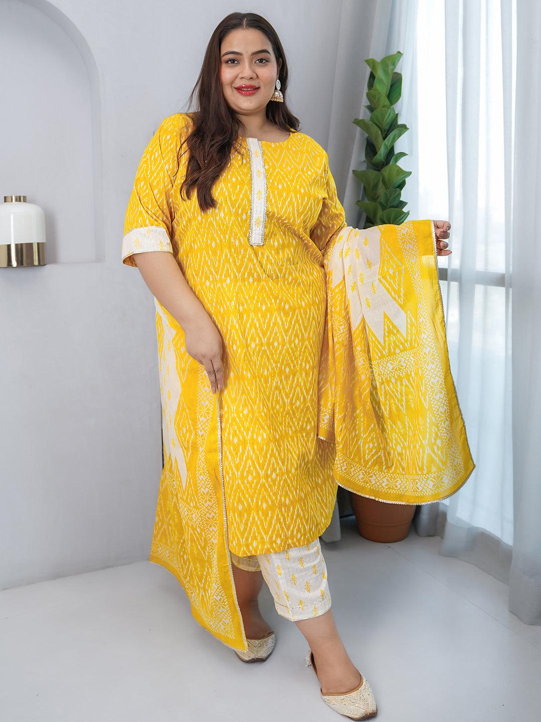 Plus Size Yellow Printed Cotton Straight Suit With Dupatta - Libas