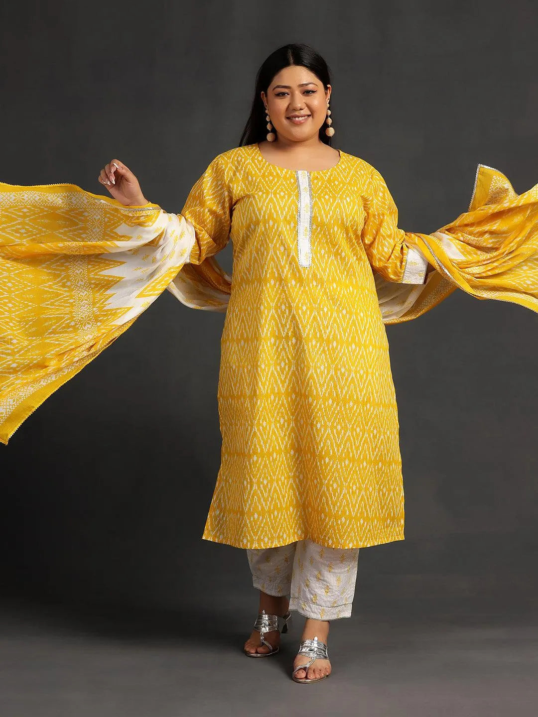 Plus Size Yellow Printed Cotton Straight Suit With Dupatta - Libas 