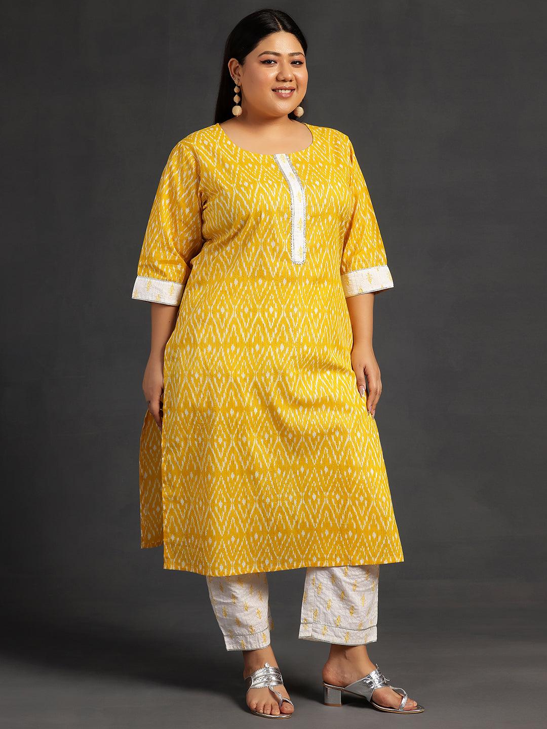 Plus Size Yellow Printed Cotton Straight Suit With Dupatta - Libas 