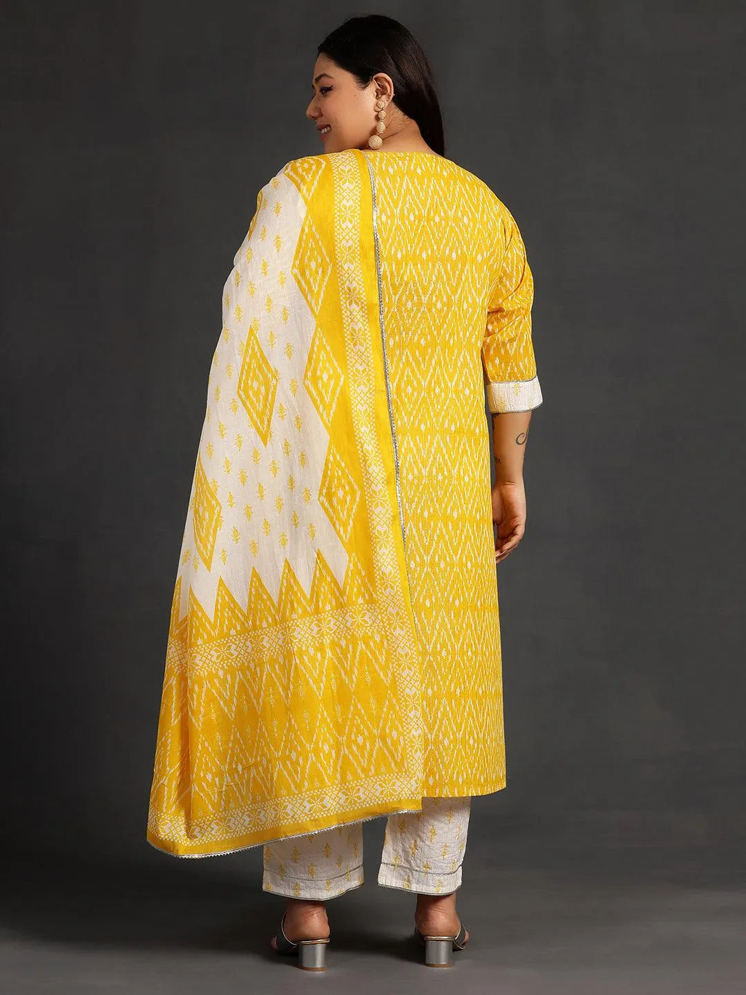 Plus Size Yellow Printed Cotton Straight Suit With Dupatta - Libas 