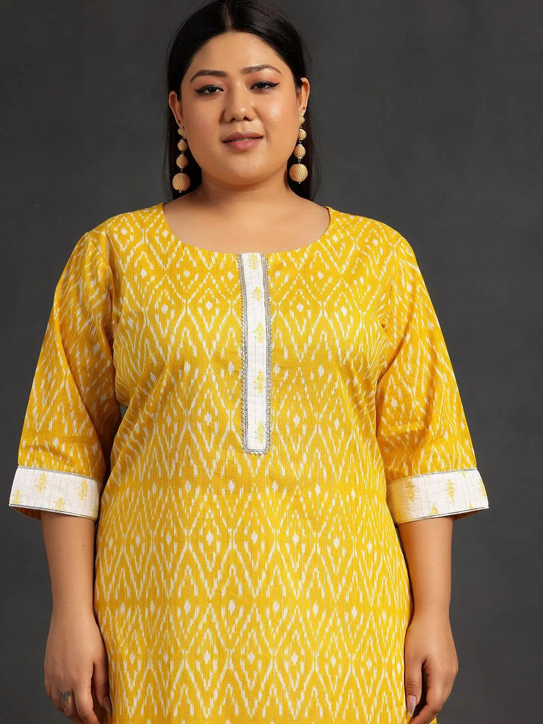 Plus Size Yellow Printed Cotton Straight Suit With Dupatta - Libas 