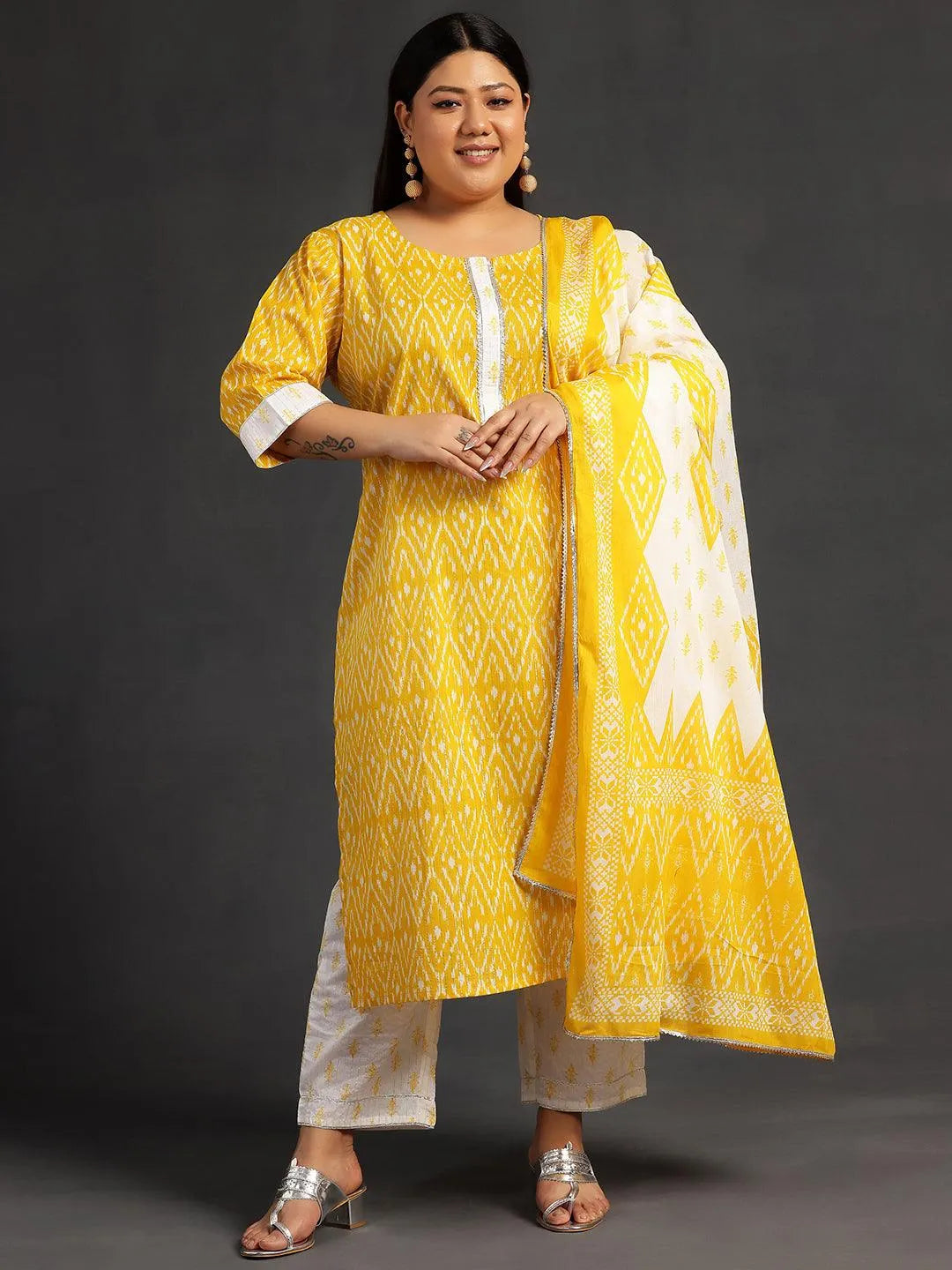 Plus Size Yellow Printed Cotton Straight Suit With Dupatta - Libas 