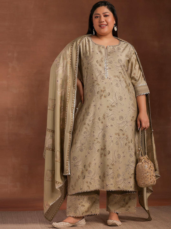 Plus Size Green Printed Silk Blend Straight Suit With Dupatta - Libas