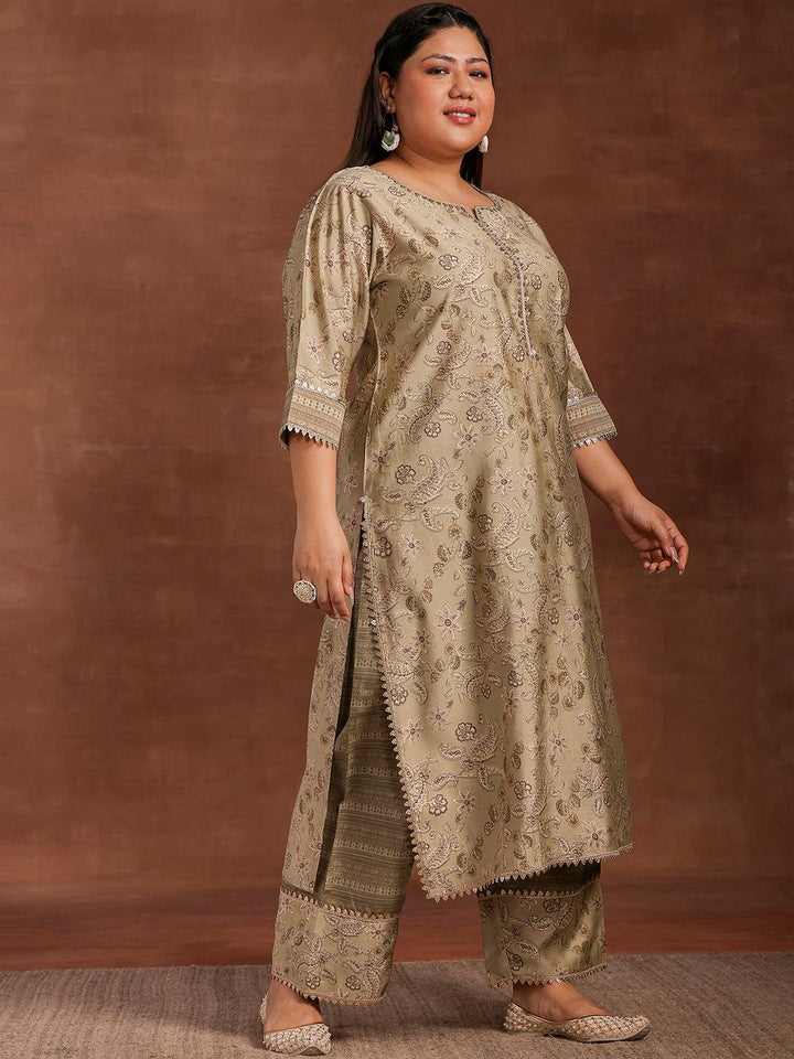 Plus Size Green Printed Silk Blend Straight Suit With Dupatta - Libas