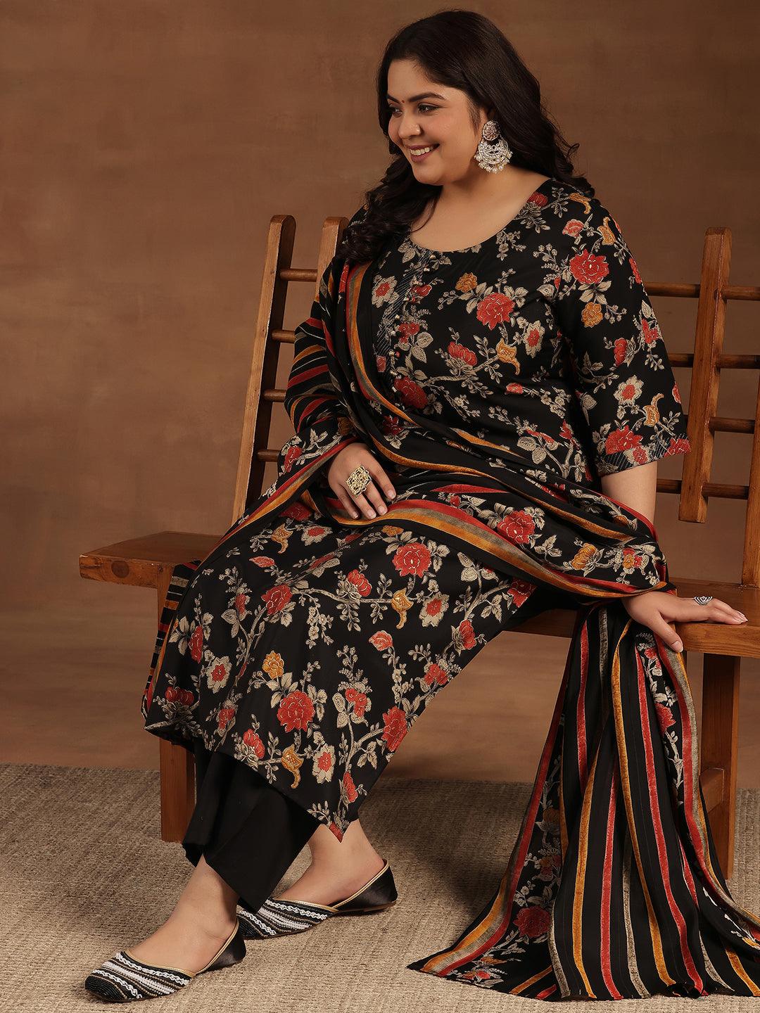 Plus Size Black Printed Silk Blend Straight Suit With Dupatta