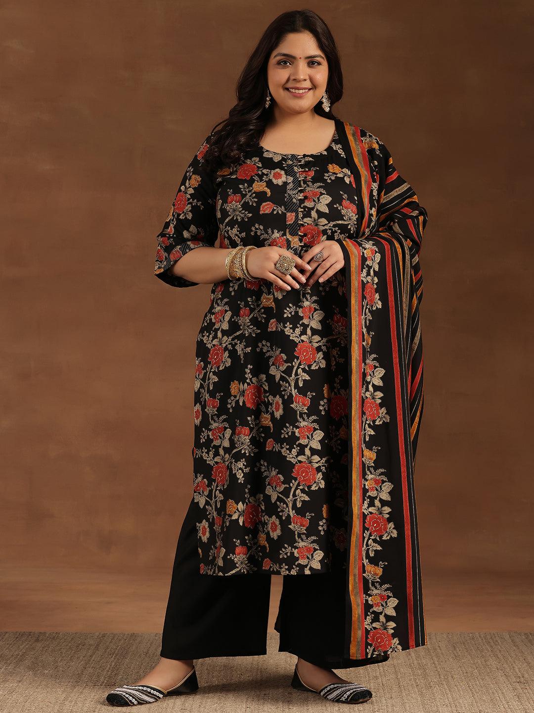 Plus Size Black Printed Silk Blend Straight Suit With Dupatta