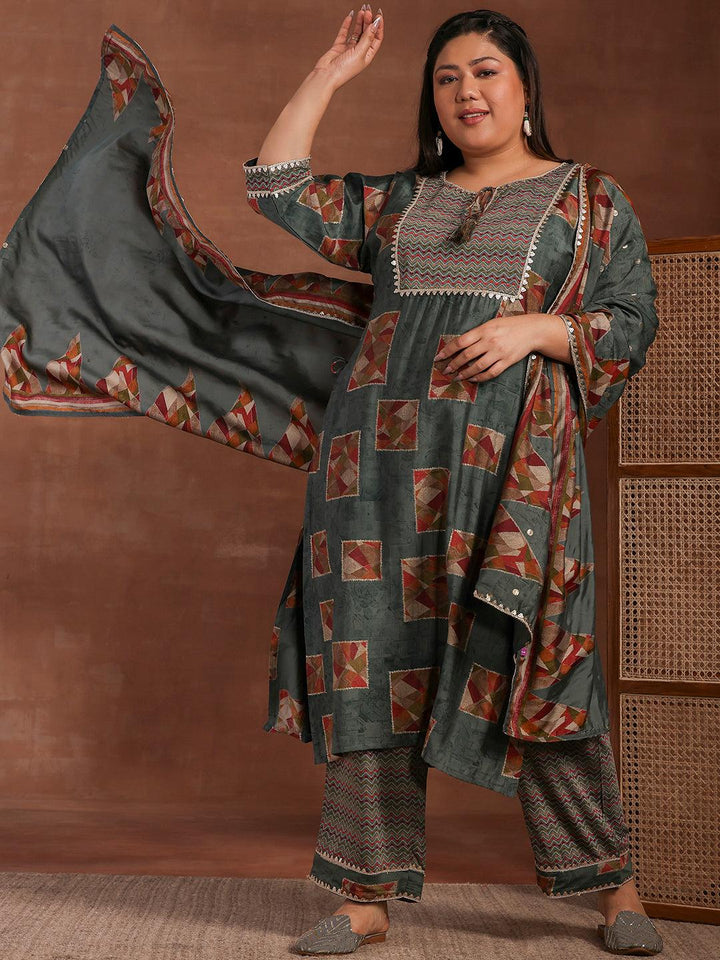 Plus Size Green Printed Silk Blend Straight Suit With Dupatta - Libas