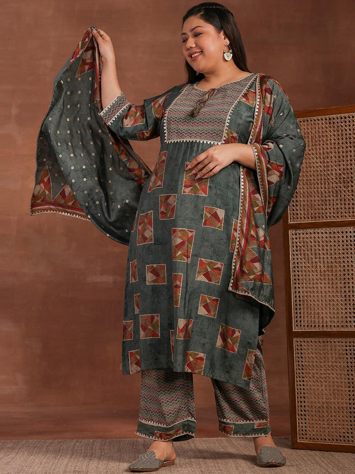 Plus Size Green Printed Silk Blend Straight Suit With Dupatta - Libas