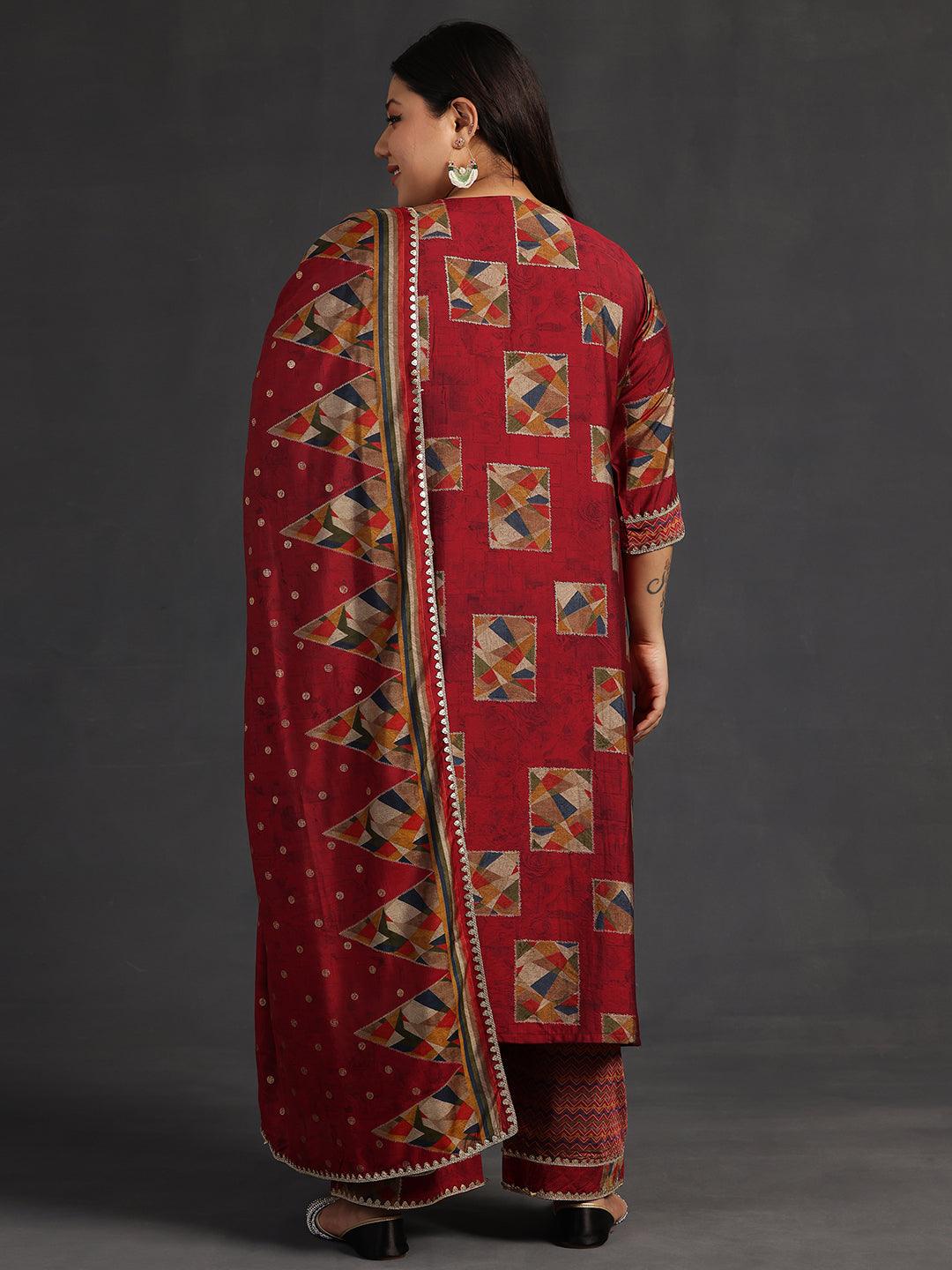 Plus Size Maroon Printed Silk Blend Straight Suit With Dupatta - Libas